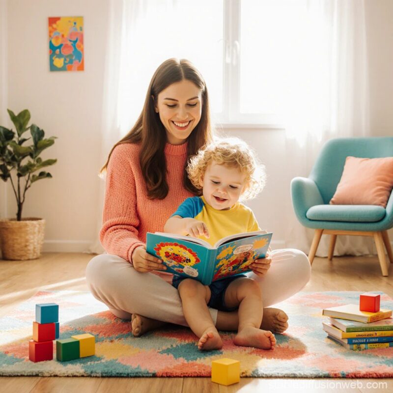 Maman stimulant le langage de son enfant avec retard de parole en lisant un livre d'images ensemble dans un salon lumineux et chaleureux - guide retard de langage enfant LeoBelo