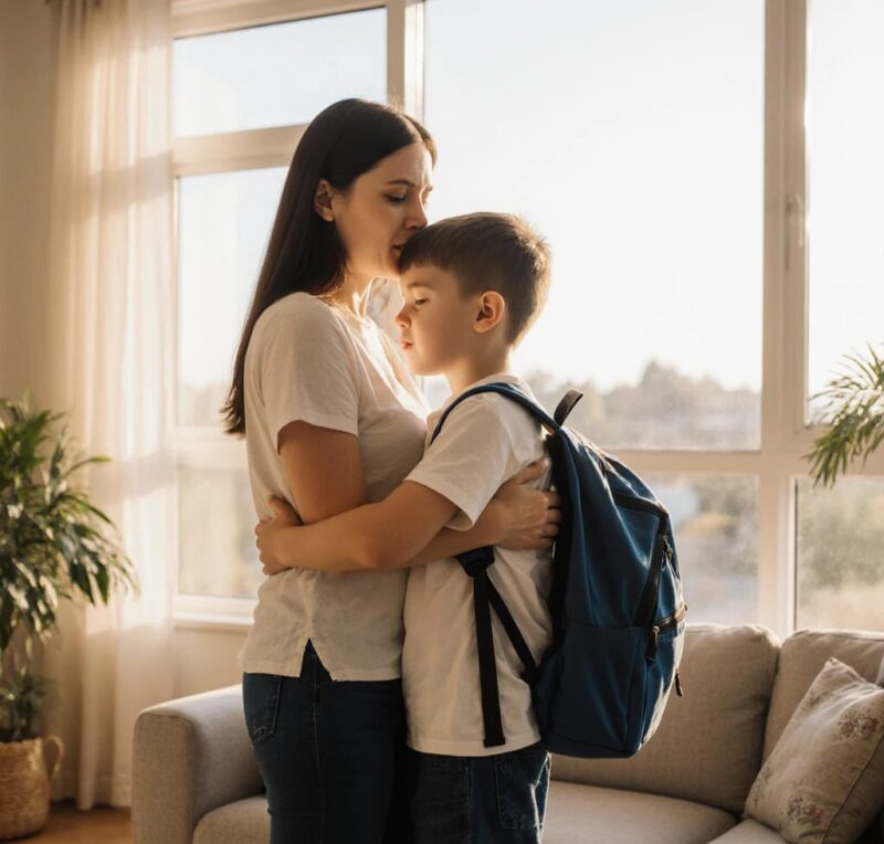 maman et son fils. l'un dans les bras de l'autre. se reconforte après l'école.