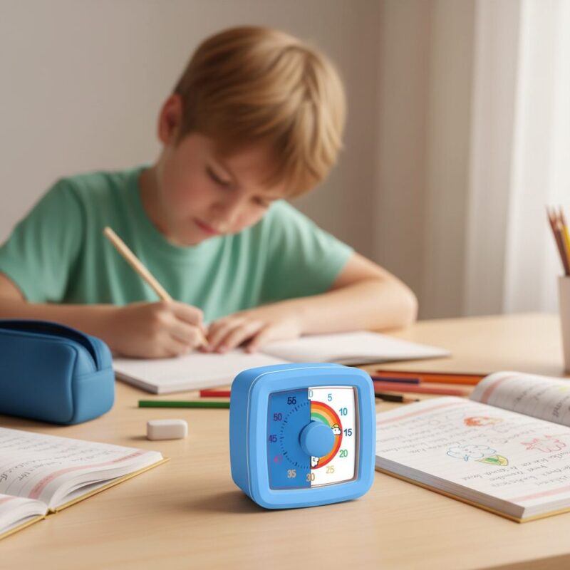 Minuteur visuel Time Timer arc-en-ciel sur bureau avec enfant TDAH concentré sur devoirs, ambiance sereine et studieuse