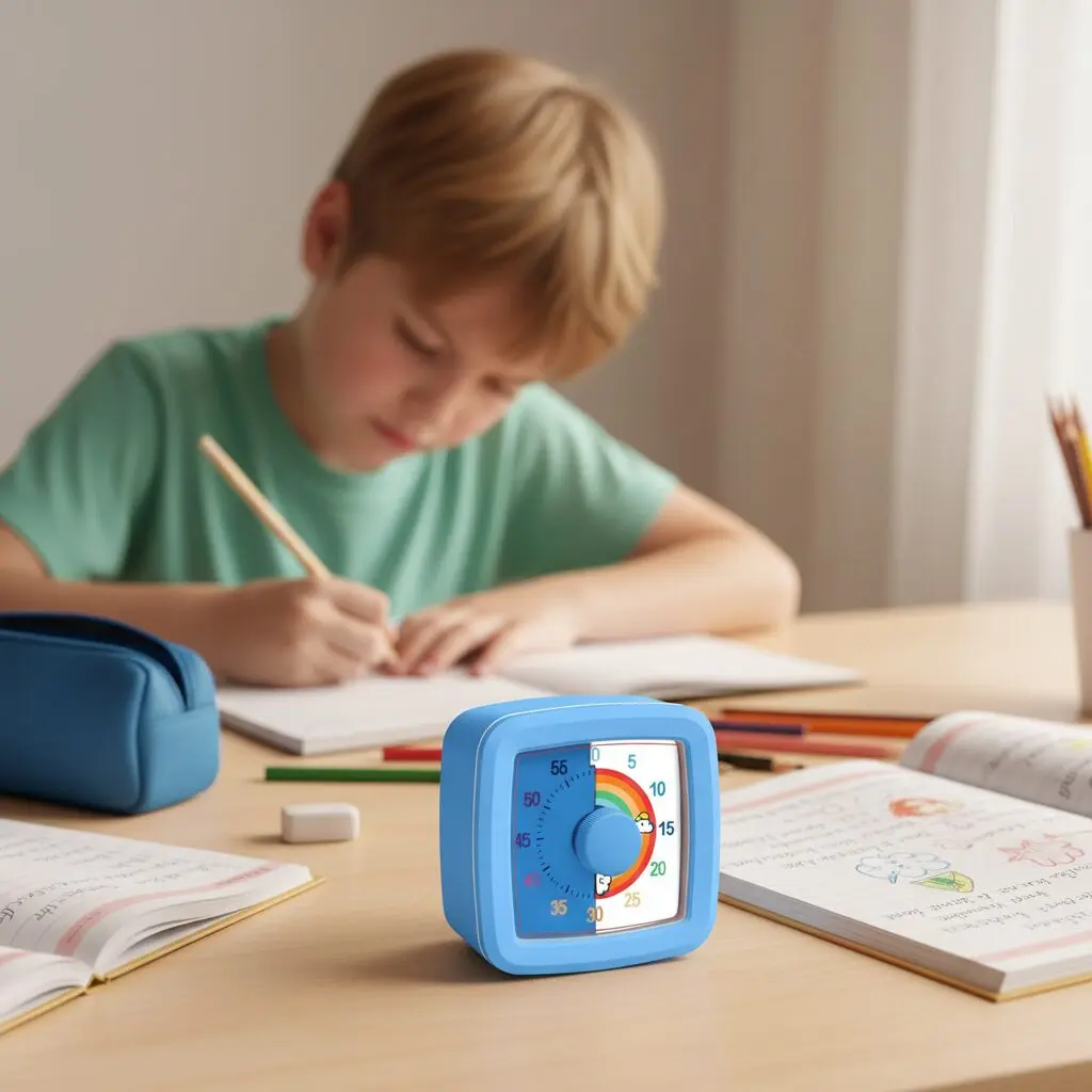 Enfant TDAH concentré à son bureau avec un minuteur visuel posé à côté de son cahier, dans un espace de travail calme et épuré