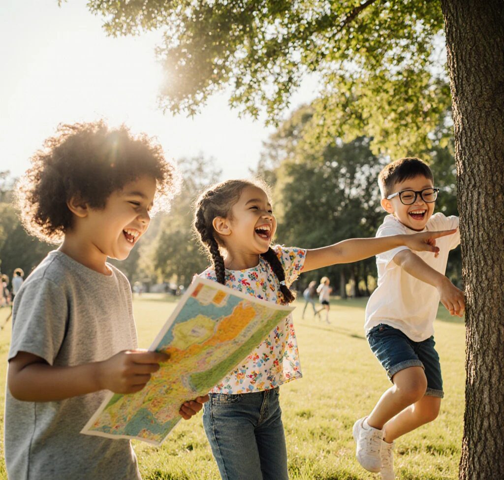 Enfants TDAH de 6-10 ans jouant à une chasse au trésor ludique en extérieur, activités jeux et exercices pour améliorer concentration et canaliser hyperactivité