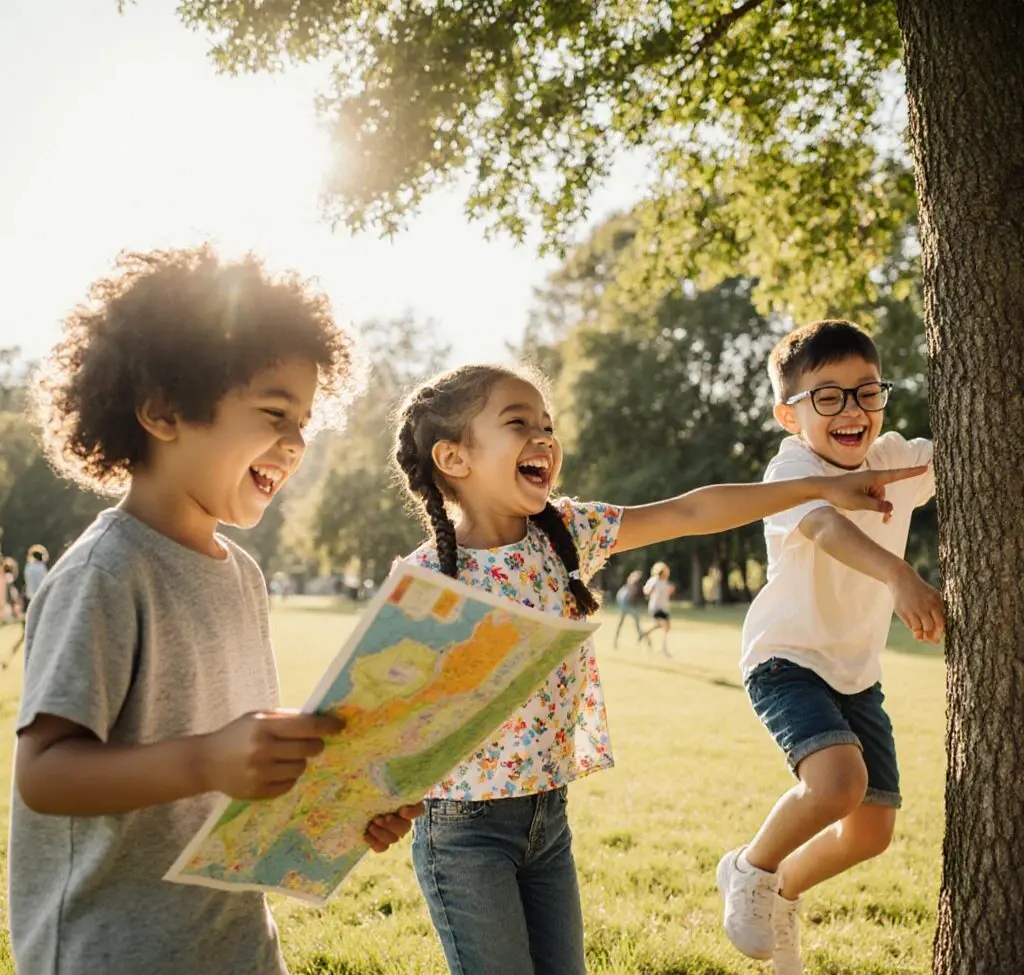 Enfants de 6-10 ans jouant à une chasse au trésor en extérieur : un jeu pour canaliser l'hyperactivité et améliorer la concentration des enfants TDAH
