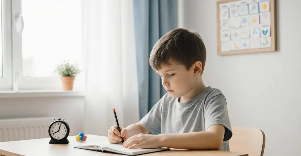 Enfant TDAH concentré dans chambre lumineuse scandinave avec outils sensoriels discrets, lumière naturelle douce de fin d'après-midi