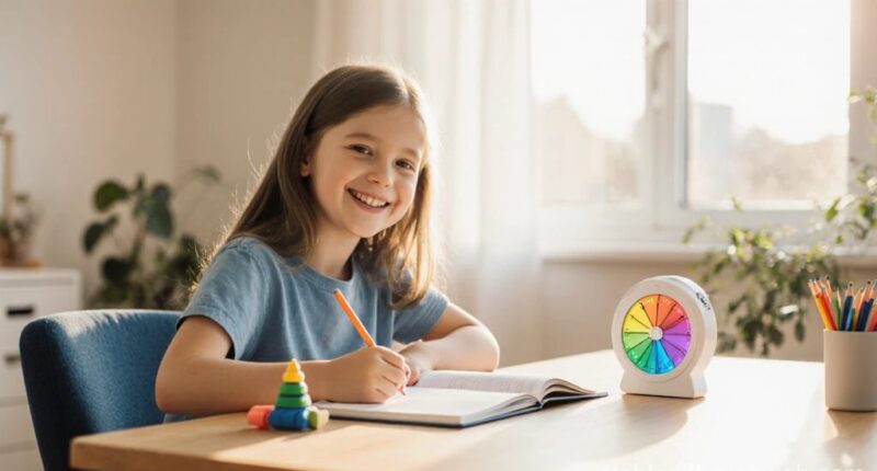 Mère aide son enfant TDAH à faire ses devoirs dans un salon lumineux et apaisant, avec timer visuel et fidget silencieux, ambiance naturelle et pastel.