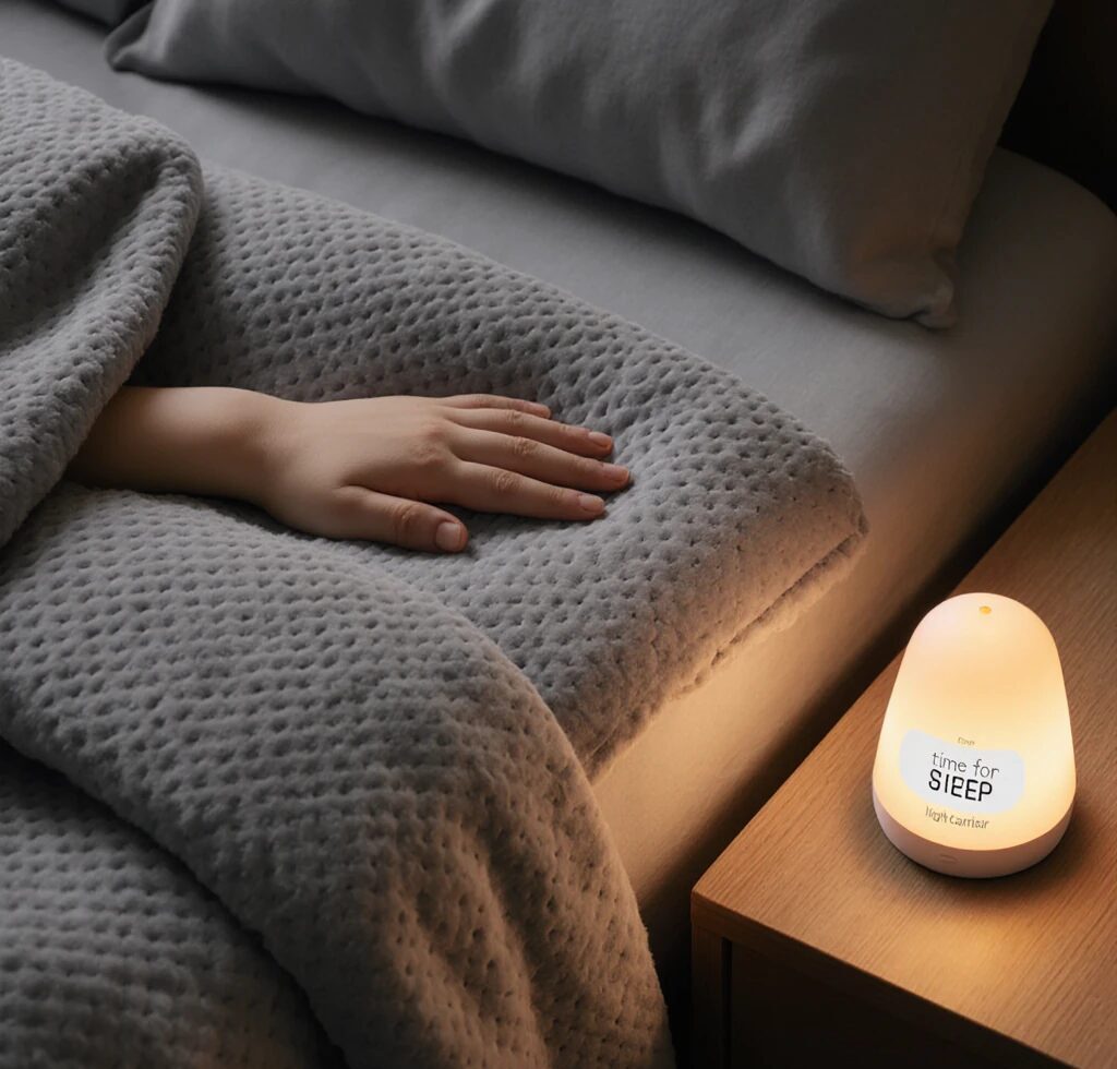 Chambre apaisante d'un enfant autiste le soir : lumière douce, couverture lestée et environnement sensoriel adapté au sommeil