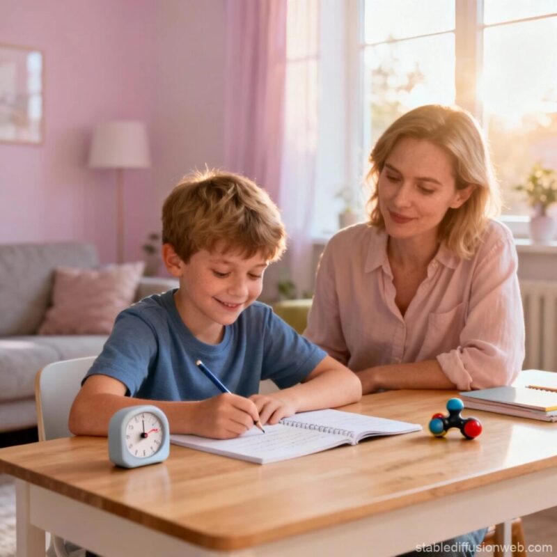 Mère aide son enfant TDAH à faire ses devoirs dans un salon lumineux et apaisant, avec timer visuel et fidget silencieux, ambiance naturelle et pastel.