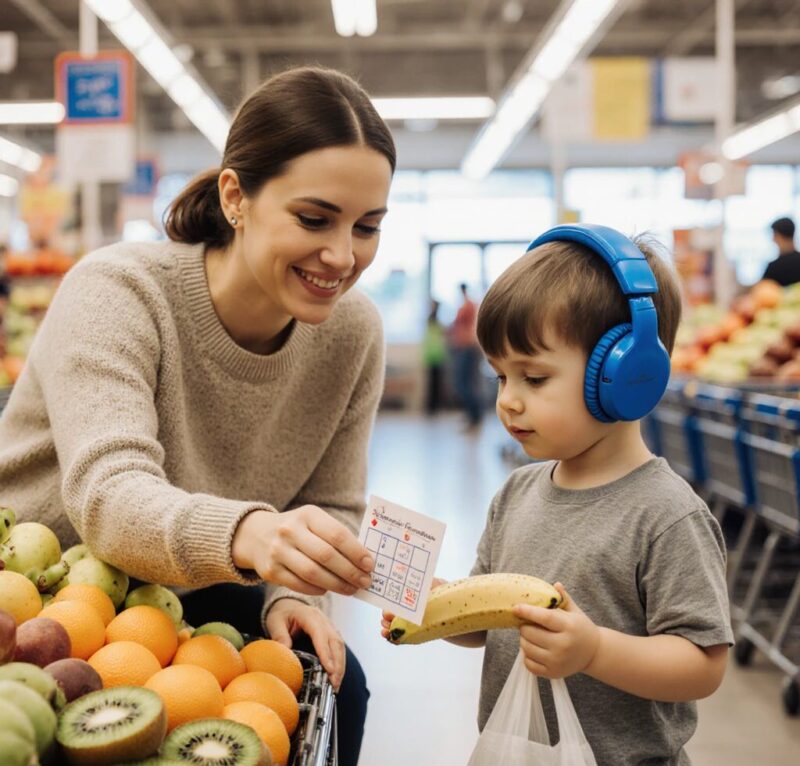 Mère et enfant autiste TSA au supermarché avec casque anti-bruit et fiche visuelle, sortie calme sans crise, astuces parents