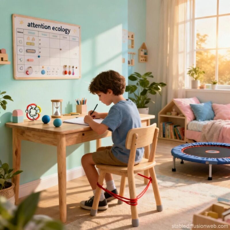 Enfant TDAH concentré dans une chambre lumineuse et organisée, avec outils sensoriels, routine visuelle et coin de pause, illustrant une “écologie d’attention” apaisante.