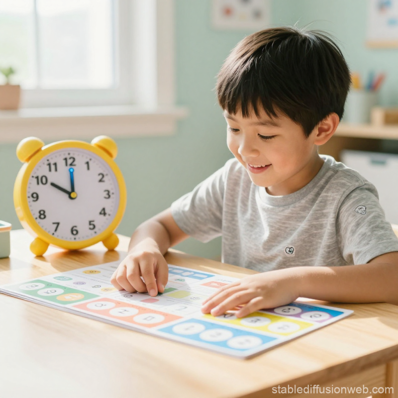 Enfant avec autisme utilisant une horloge d'apprentissage colorée et des cartes de planning visuel pour comprendre la notion du temps, assis à une table lumineuse dans un environnement éducatif chaleureux