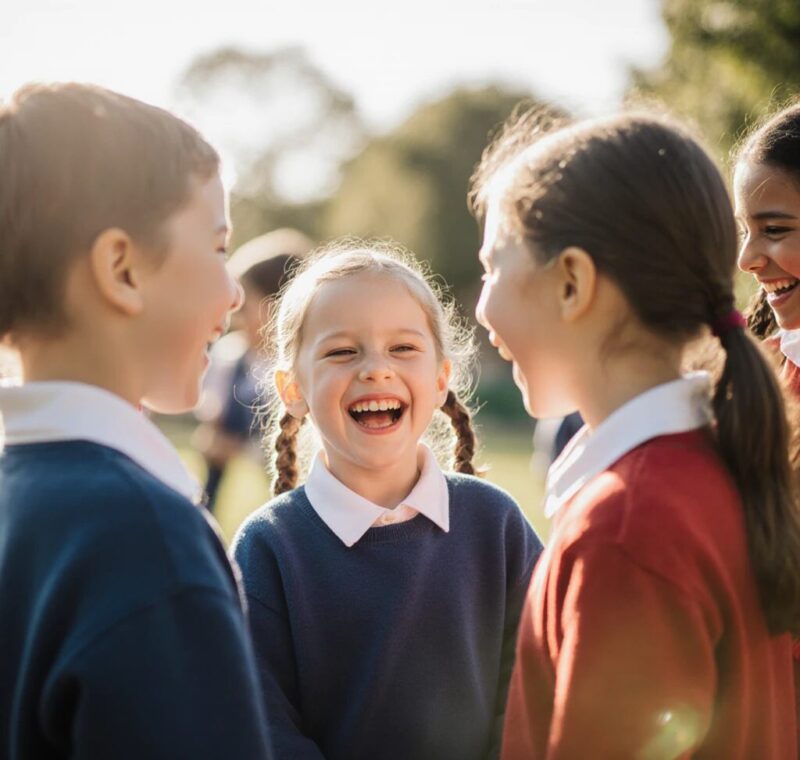 trois enfants de primaire, dont un autiste, jouent ensemble dans la cour de récréation sous le regard bienveillant d’une enseignante, symbole d’amitié et d’inclusion à l’école.