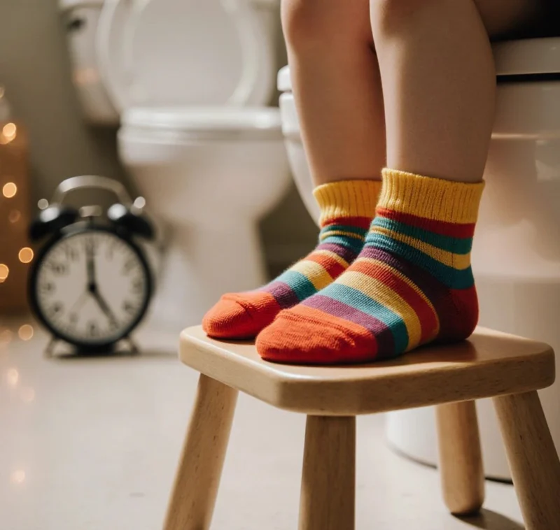 Pieds d’enfant en chaussettes sur un marche-pied, avec des toilettes et une horloge en arrière-plan.