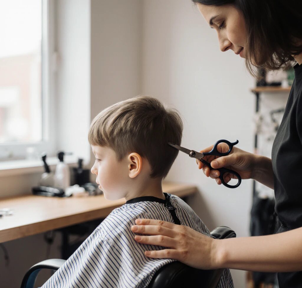 Enfant devant un lavabo avec une brosse à dents, accompagné calmement par un parent dans une salle de bain à lumière douce