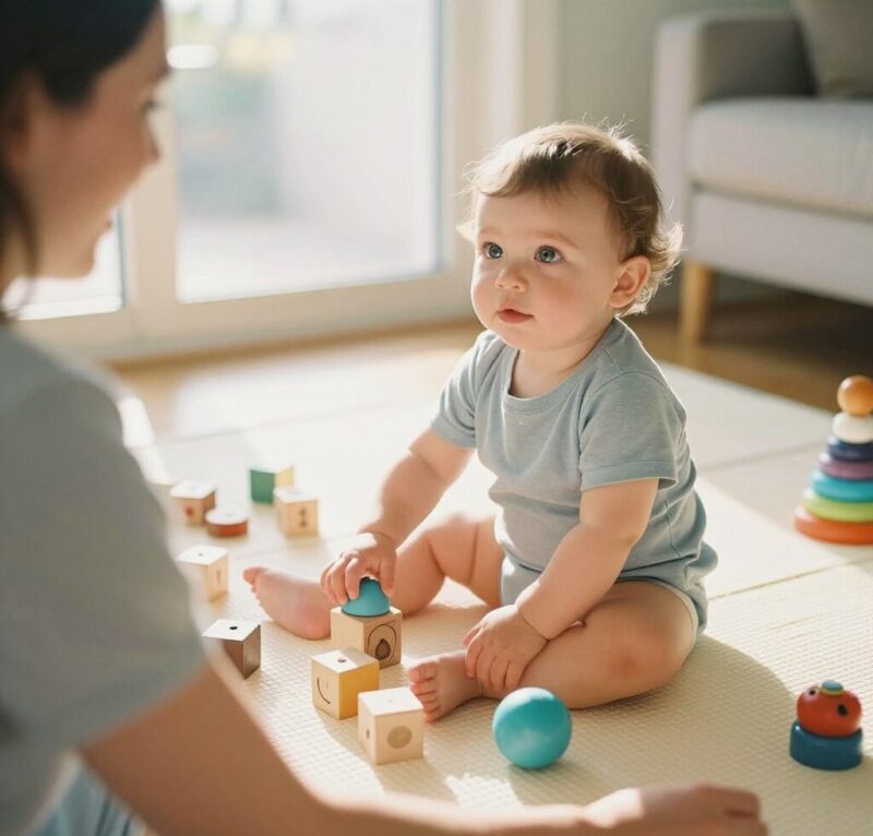 Parent observant avec bienveillance son bébé de 15 mois jouant avec des jouets sensoriels sur un tapis d'éveil, illustration du repérage précoce des signes d'autisme entre 12 et 24 mois