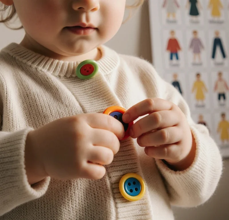 Enfant boutonnant un gilet, avec un tableau d’habillage en arrière-plan.