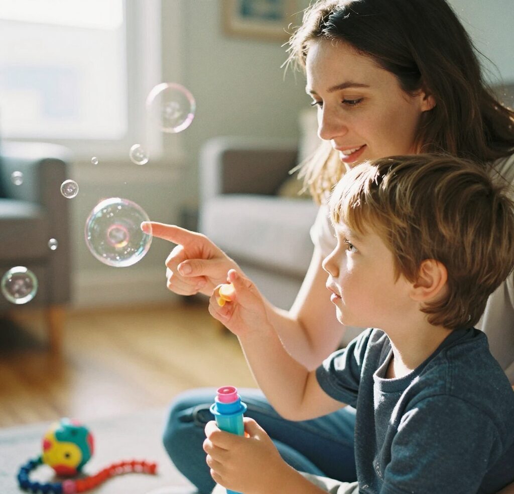 Enfant souriant en train de jouer au sol avec d'autres enfants