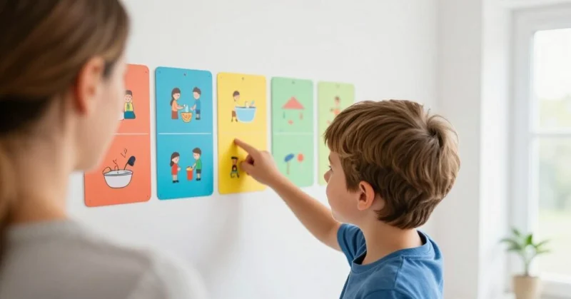 Enfant autiste utilisant des pictogrammes de routine à imprimer affichés sur le frigo pour communiquer avec sa maman