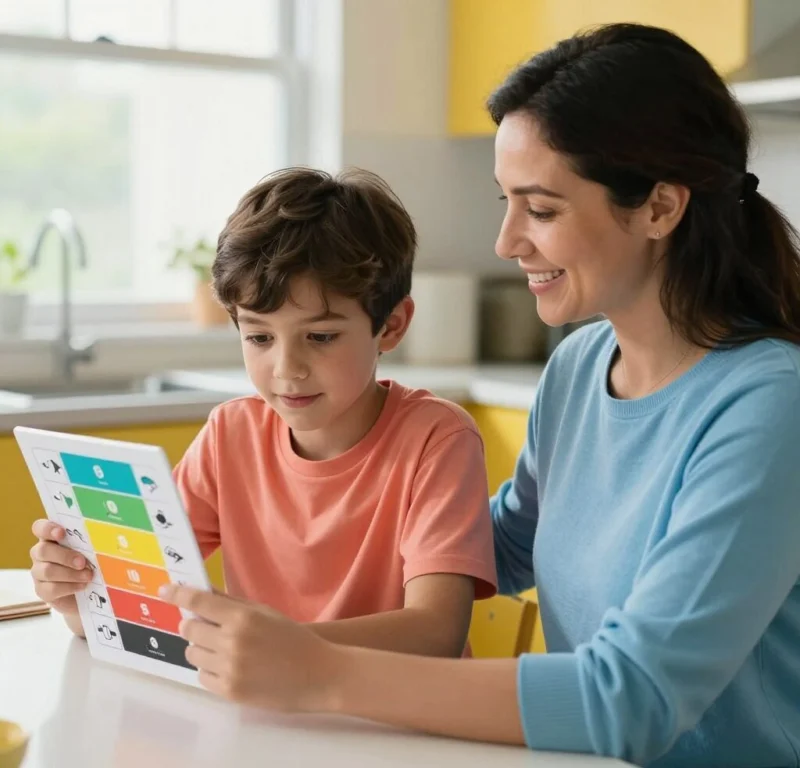 Femme et enfant regardant un thermomètre des émotions coloré.