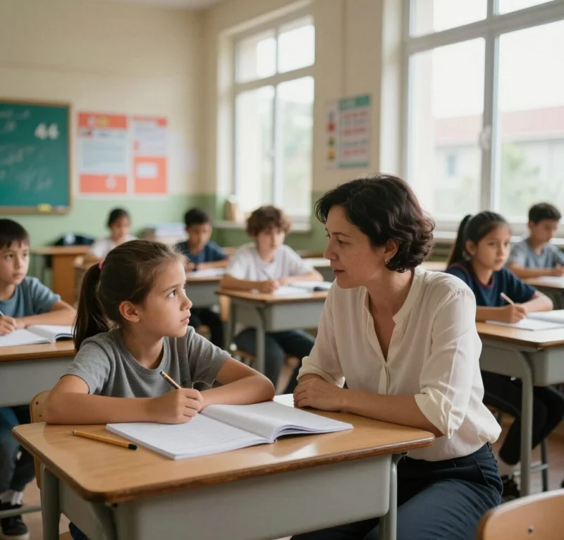 Adulte assis face à une élève qui écrit dans un cahier en classe.