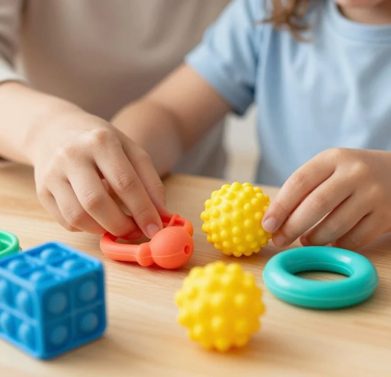 Des mains manipulent des jouets colorés autour d’une table.