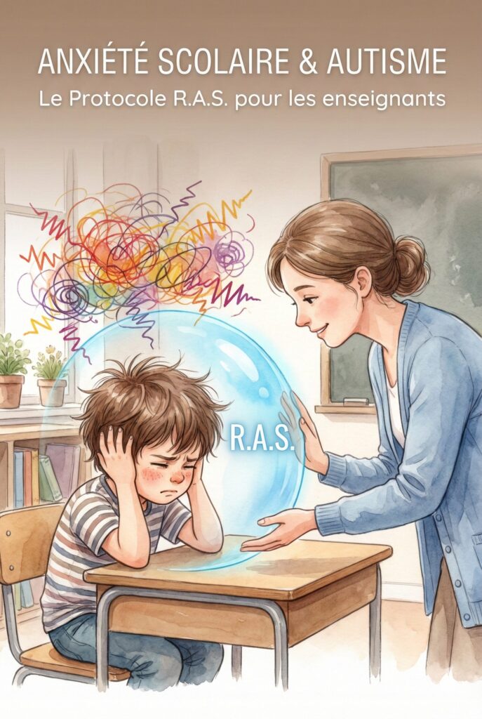 Illustration style aquarelle douce montrant un jeune enfant autiste assis à son bureau, se bouchant les oreilles, surmonté de gribouillis colorés représentant le chaos sensoriel. Une enseignante bienveillante se penche vers lui et crée une bulle bleue apaisante autour de lui avec l'inscription R.A.S, repoussant le bruit. Visuel sur l'inclusion scolaire et la gestion de l'anxiété.