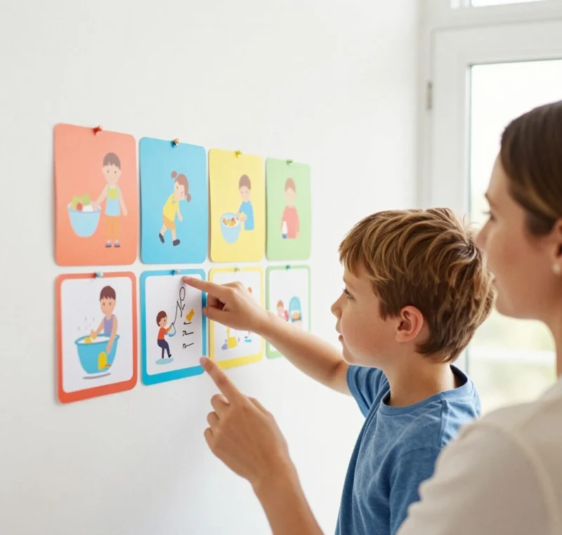 Maman et enfant regardent des pictogrammes colorés accrochés au mur.
