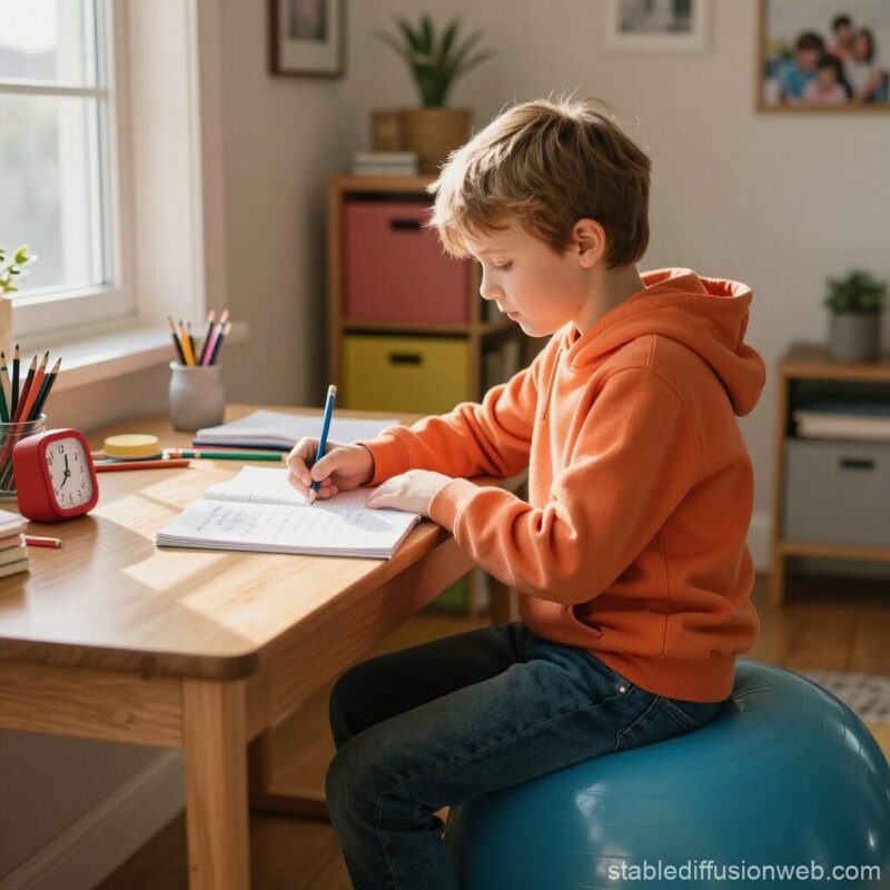 Photo réaliste enfant TDA concentré faisant devoirs sur ballon de gym bleu - lumière naturelle maison - stratégie assise dynamique TDAH sans hyperactivité - bureau organisé avec Time Timer