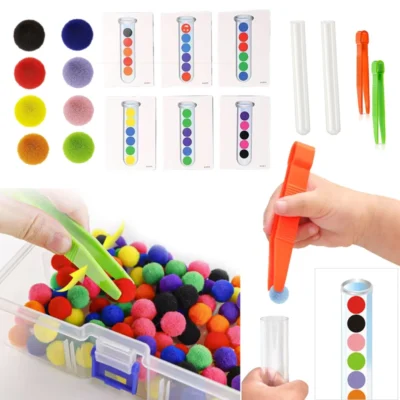 Jeu de tri motricité fine avec pompons colorés, cartes et pince