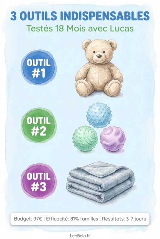 Trois outils sensoriels apaisement anxiété enfant illustrés aquarelle : peluche lestée beige, balles anti-stress colorées, couverture lestée pliée - testés 18 mois budget 97€ style livre enfant TSA TDAH palette pastel
