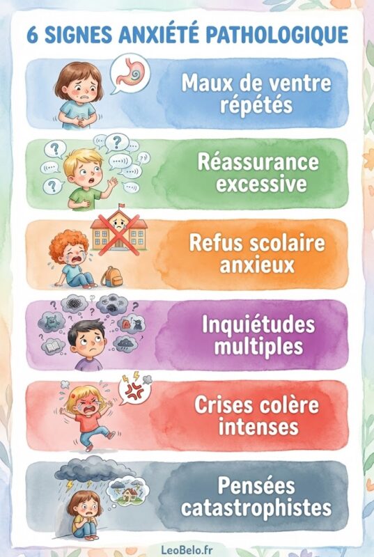 Infographie aquarelle présentant les 6 signes d'anxiété pathologique chez l'enfant TSA TDAH : maux de ventre, réassurance excessive, refus scolaire, inquiétudes multiples, crises de colère, pensées catastrophistes - style illustration enfantine pastel