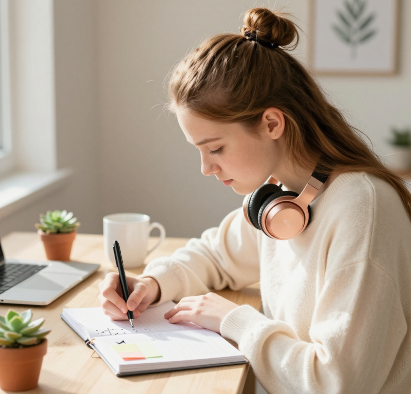 Adolescente 13 ans TDAH concentrée écrivant bullet journal personnalisé bureau organisé écouteurs anti-bruit lumière naturelle ambiance studieuse sereine routines ado collège