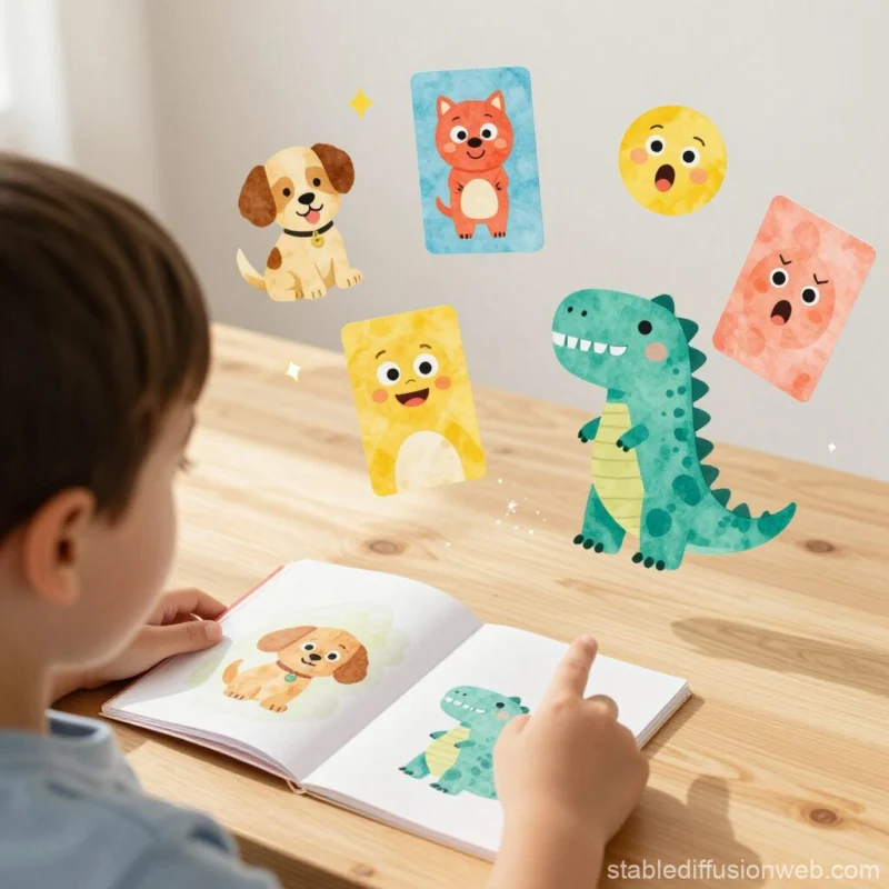 Enfant apprenant à lire avec livre illustré, personnages de dessins animés colorés flottant magiquement au-dessus