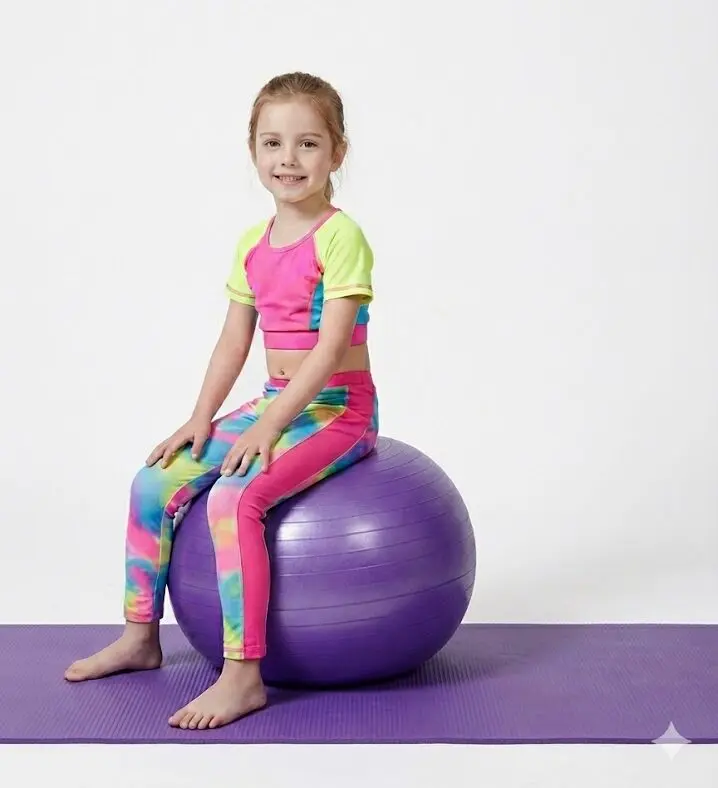 Enfant utilisant ballon d'assise dynamique 55cm pour améliorer concentration et posture