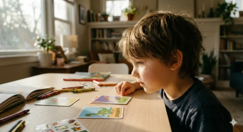 Un jeune garçon est assis à une table en bois dans une pièce ensoleillée, regardant attentivement des cartes de dinosaures, avec des crayons, un livre ouvert et des autocollants éparpillés autour de lui.