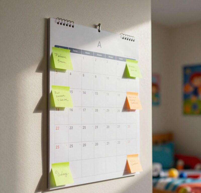 Calendrier mensuel mural avec post-it colorés dans chambre enfant autiste, outil planification visuelle puberté TSA, routine pictogrammes