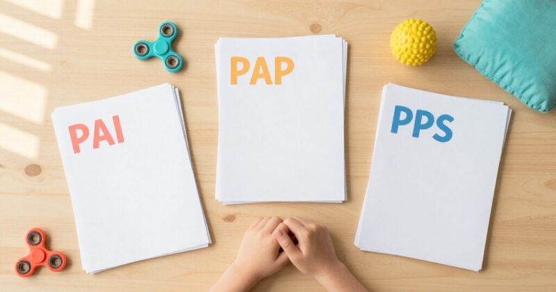 Main de parent remplissant formulaire PAP (Plan d'Accompagnement Personnalisé) sur table avec outils sensoriels colorés pour enfant TDAH dyslexie