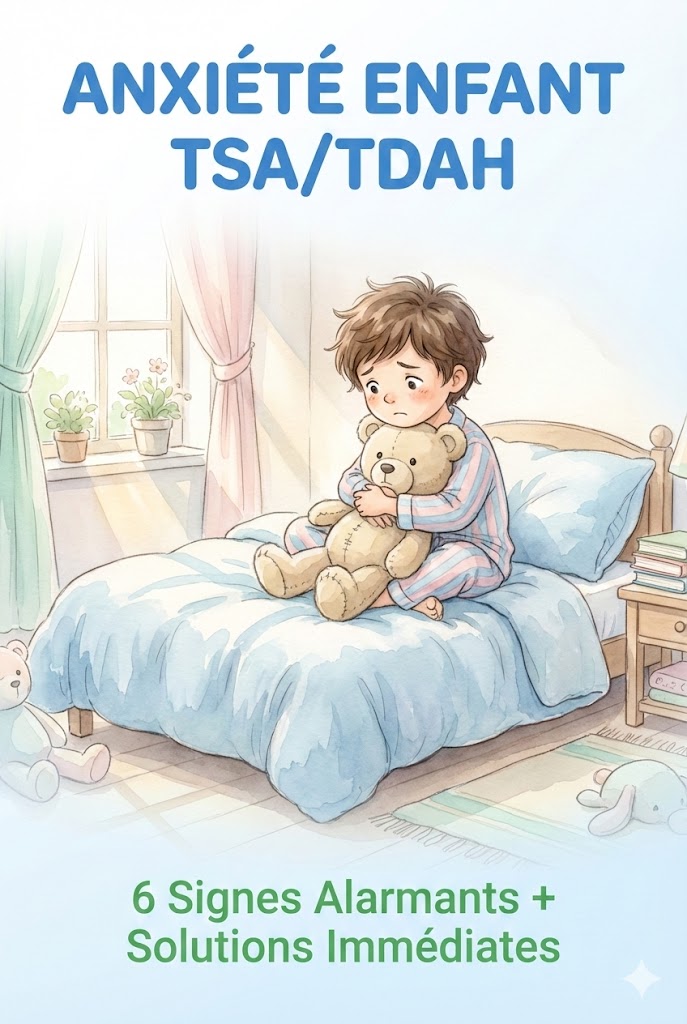 Enfant anxieux serrant une peluche lestée beige contre lui, assis sur son lit bleu pastel, expression inquiète - illustration aquarelle style livre enfant sur l'anxiété TSA TDAH