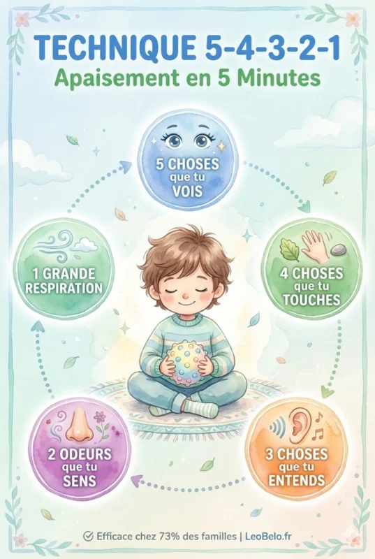 Infographie technique 5-4-3-2-1 ancrage sensoriel pour apaiser l'anxiété enfant TSA TDAH - illustration aquarelle étapes détaillées