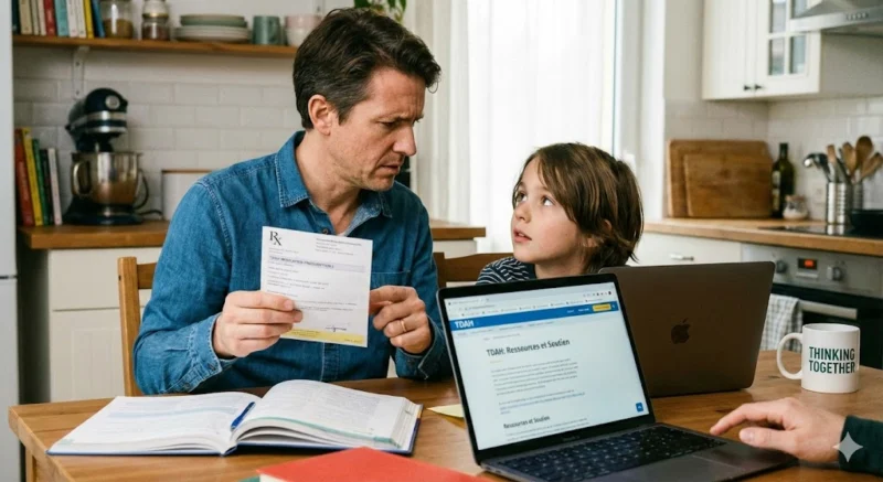 Parent tenant une ordonnance de médicament TDAH avec son enfant, moment de questionnement et recherche d'informations bienveillantes