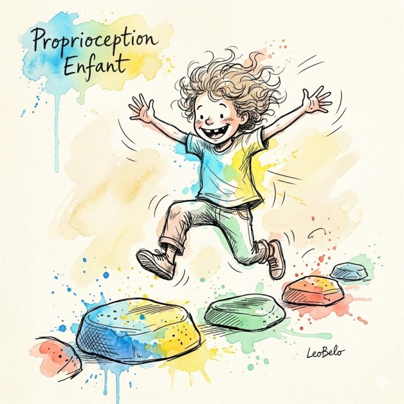 Illustration aquarelle enfant en plein saut dynamique - activités proprioceptives ludiques TDAH TSA intégration sensorielle