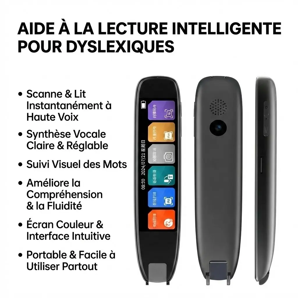 Trois vues d'un appareil noir avec un écran affichant des icônes et du texte, et un haut-parleur sur le dessus.