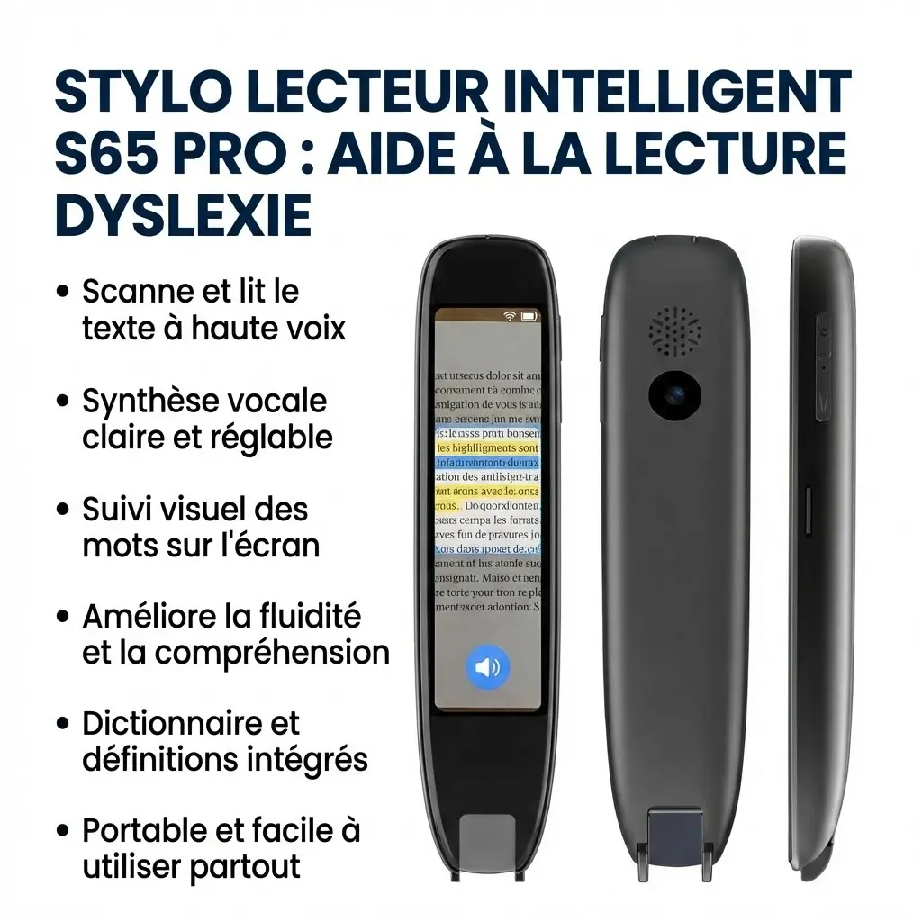 Trois vues d'un stylo noir avec un écran affichant du texte et un bouton bleu, un stylo noir vu de face avec une lentille et une grille, et un stylo noir vu de profil avec des boutons.