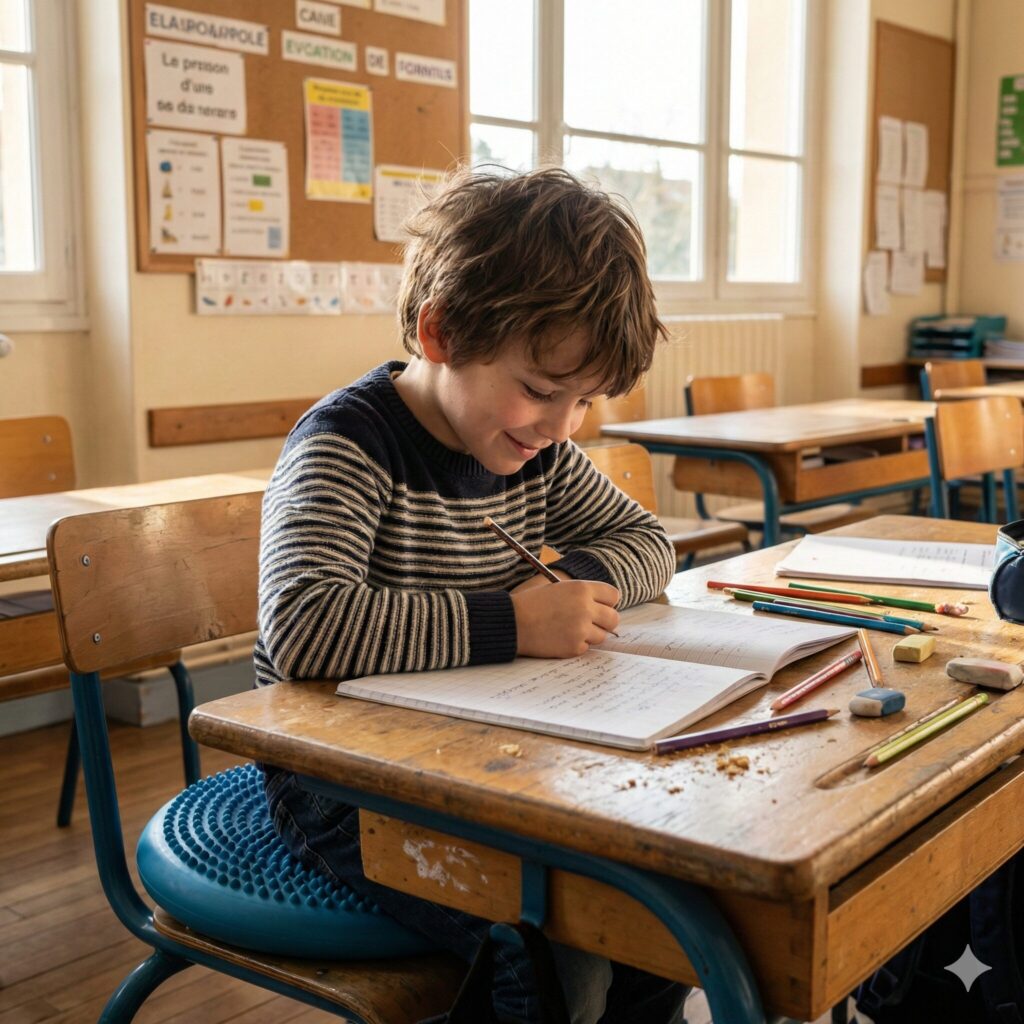 Enfant TDAH de 8 ans concentré à son bureau dans une classe lumineuse, avec un minuteur visuel et un coussin d'assise dynamique