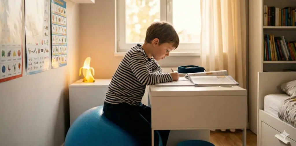 Enfant concentré travaillant devoirs sur ballon assise dynamique bureau maison TDAH