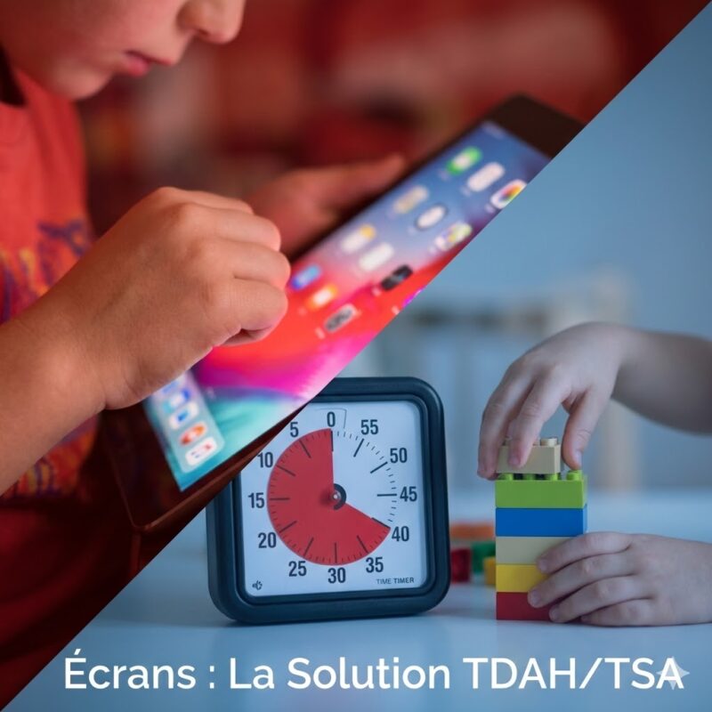 Une image divisée en deux parties illustrant la gestion du temps d'écran. À gauche, sous une lumière rouge, un enfant interagit avec une tablette. À droite, sous une lumière bleue, un autre enfant joue avec des briques LEGO colorées à côté d'une horloge visuelle Time Timer. En bas de l'image, le texte 'Écrans : La Solution TDAH/TSA' est écrit en blanc.