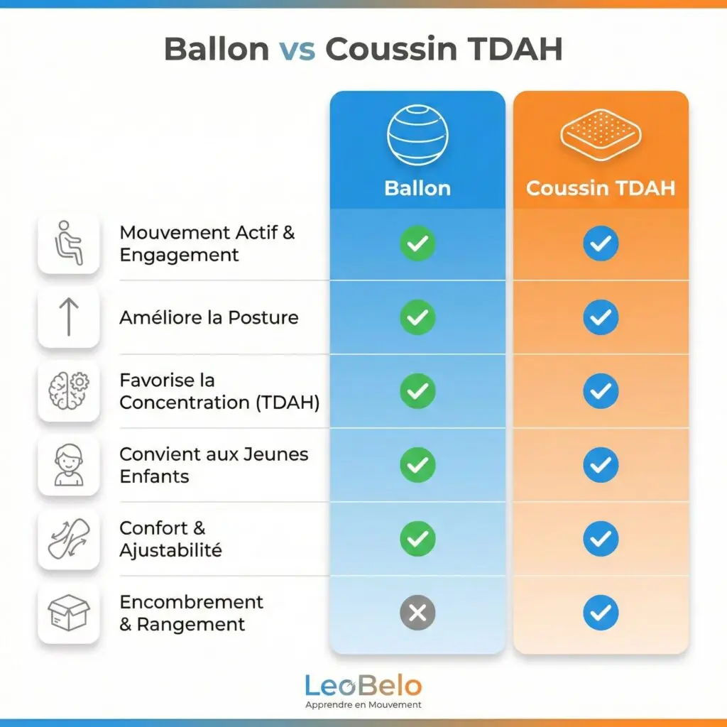 Tableau comparatif ballon assise versus coussin concentration picots enfant TDAH avantages
