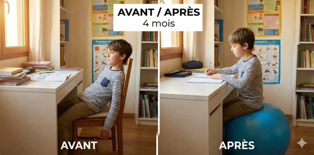 Avant après ballon assise TDAH amélioration posture concentration enfant devoirs 4 mois