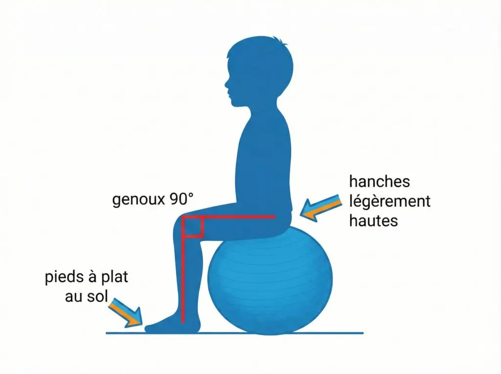 Schéma posture correcte enfant ballon assise règle genoux 90 degrés pieds plat sol TDAH