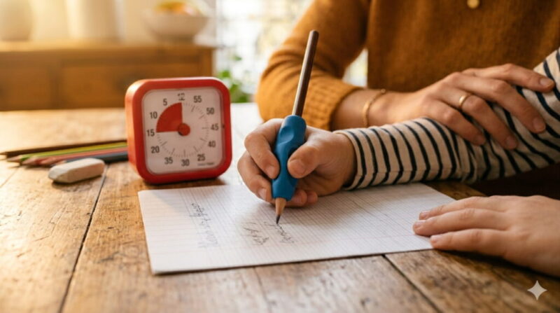 Enfant dyspraxique écrivant avec un grip ergonomique sous le regard bienveillant de sa maman, timer visuel Time Timer sur la table