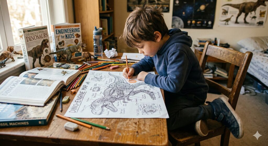 Enfant absorbé par un dessin technique détaillé sur une grande feuille, crayons éparpillés autour de lui