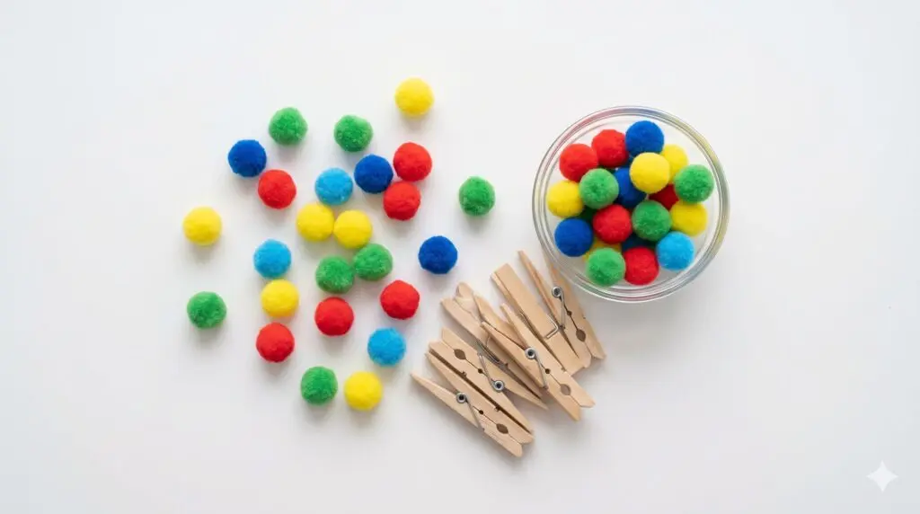 Activité motricité fine avec pompons colorés et pinces à linge — exercice recommandé pour enfant TDAH à la maison